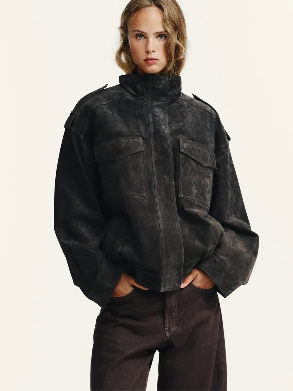 ZARA SUEDE LEATHER JACKET in Charcoal